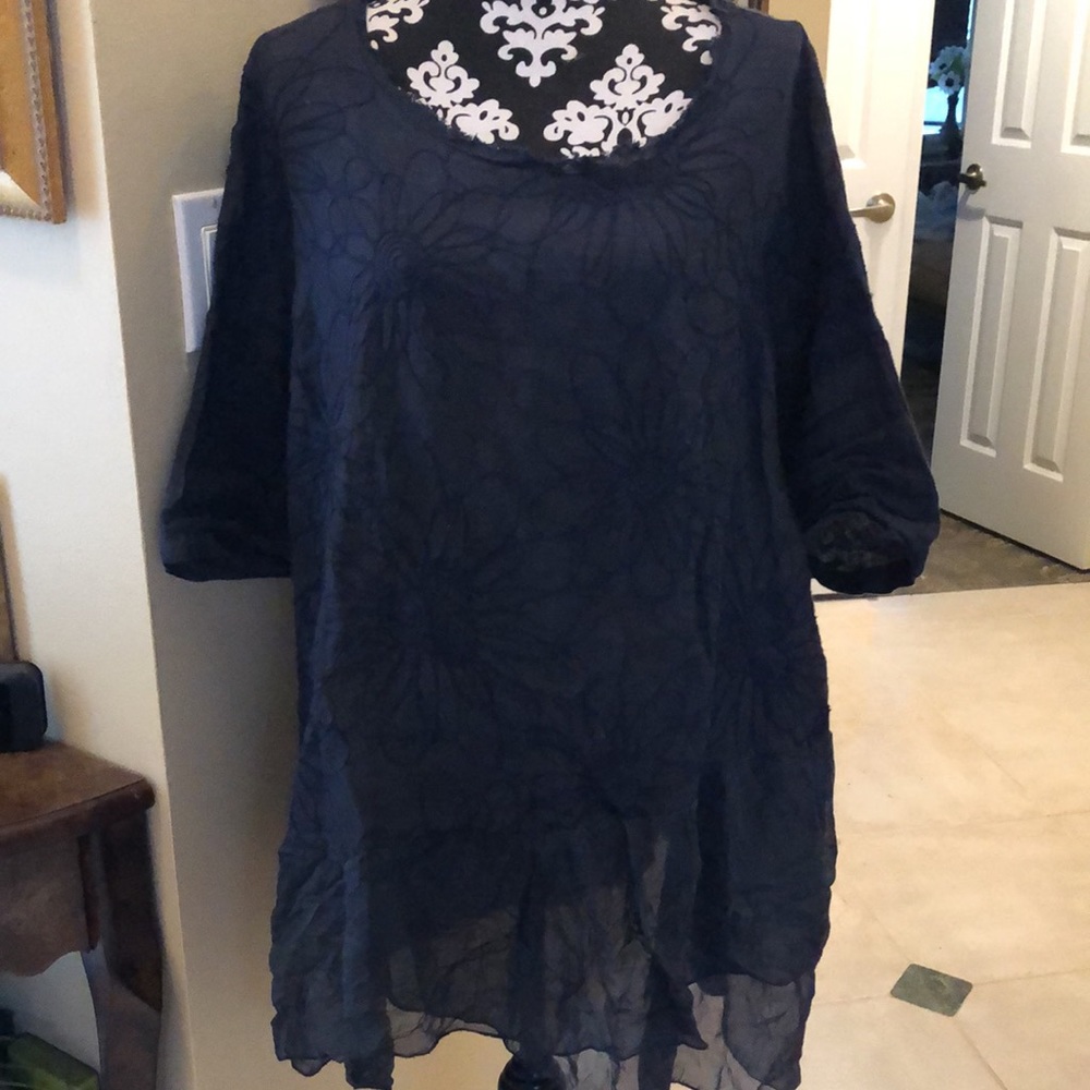 💙Silk & Linen Stitched Floral design, short sleeved boho tunic